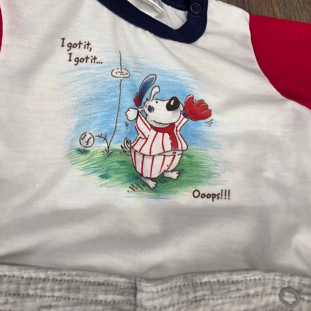 Vintage Carters Boys Baseball Dog Footed Pajamas 2pc Snap Set 18-24M Red Gray